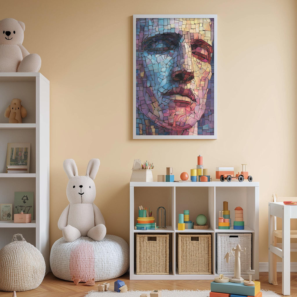a child's bedroom with a large mosaic portrait of a face on the wall, a white bookshelf filled with toys, and a white bean bag chair.