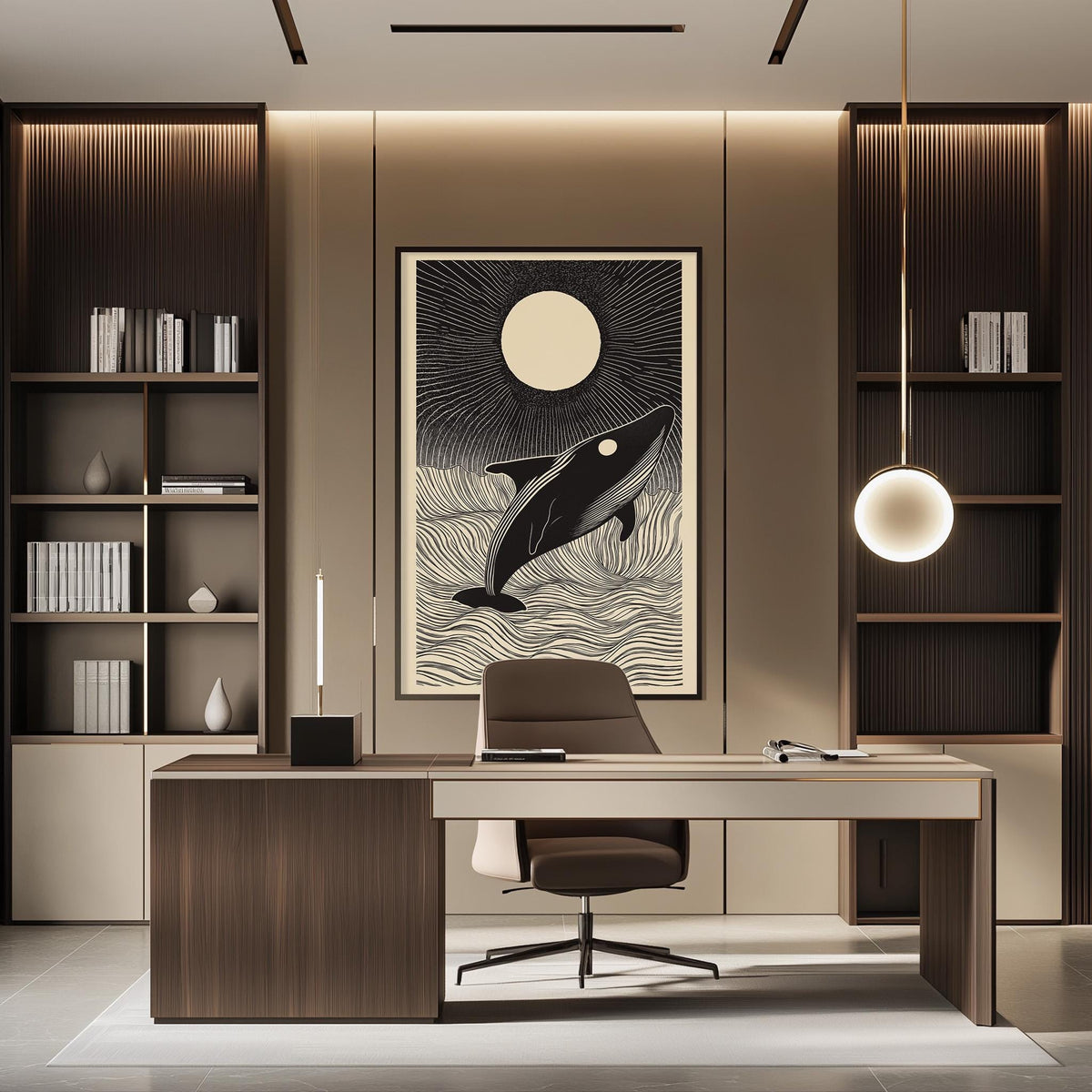 a modern and minimalist office space with a large desk, a comfortable chair, and a striking black and white artwork of a whale on the wall.