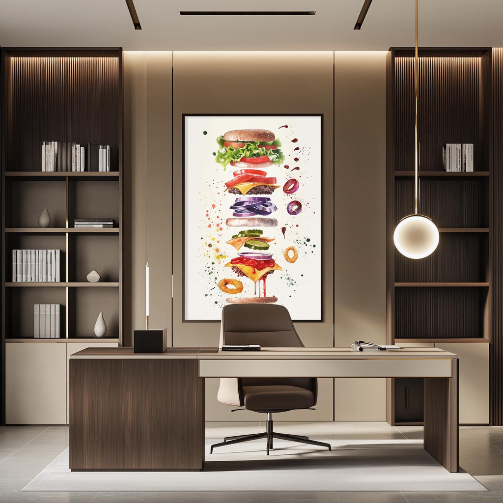 a modern office space with a large, colorful painting of a burger on the wall. The office has a wooden desk, a comfortable-looking chair, and a bookshelf filled with books. The overall design and decor create a professional and stylish atmosphere.