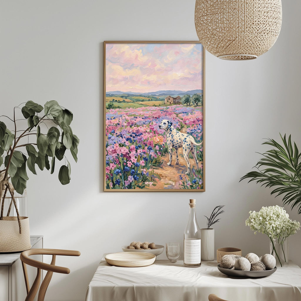a framed painting of a Dalmatian dog standing in a field of colorful flowers, with a table set with plates, bowls, and a bottle of wine in the foreground.
