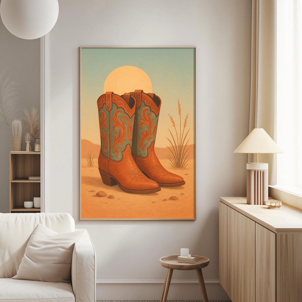 a pair of cowboy boots in a desert landscape, hanging on a wall in a living room.