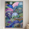 a large, colorful abstract painting hanging on a wall in a living room. The painting is a vibrant display of various shapes, patterns, and colors, creating a visually striking and dynamic composition.