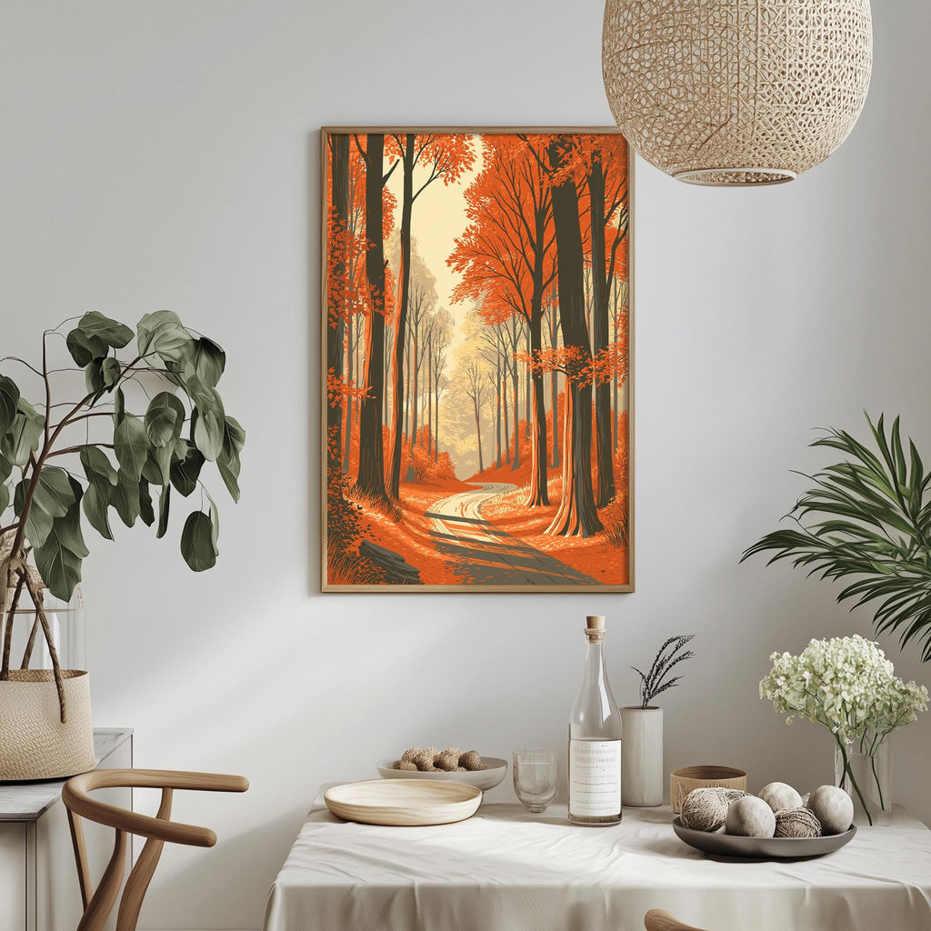 a dining table with a white tablecloth, a bottle, a bowl, and a vase with flowers. Above the table, there is a framed painting depicting a forest scene with a winding path.