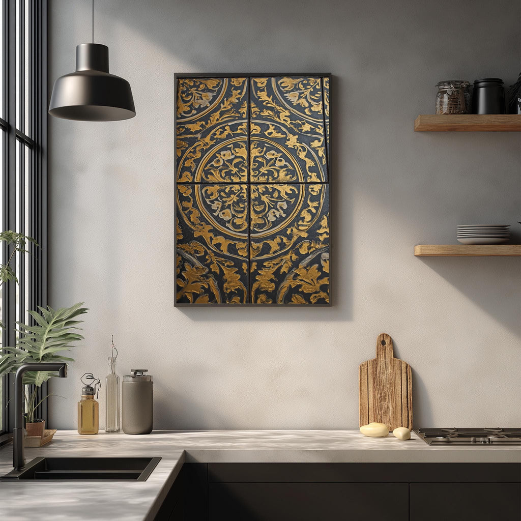 a modern kitchen with a large, ornate gold and black tile artwork hanging on the wall above a wooden cutting board and other kitchen items.