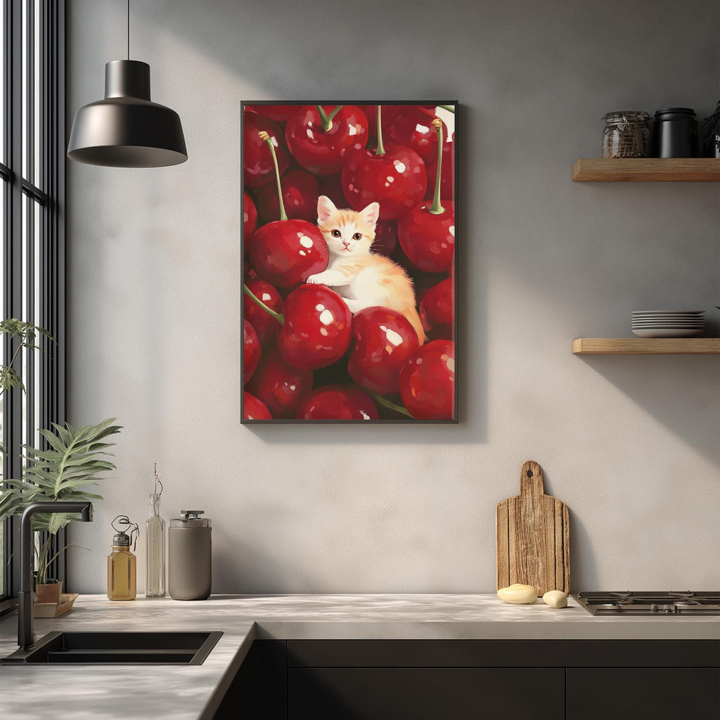 A framed painting of a cat sitting among a bunch of red cherries hangs on a wall in a kitchen.