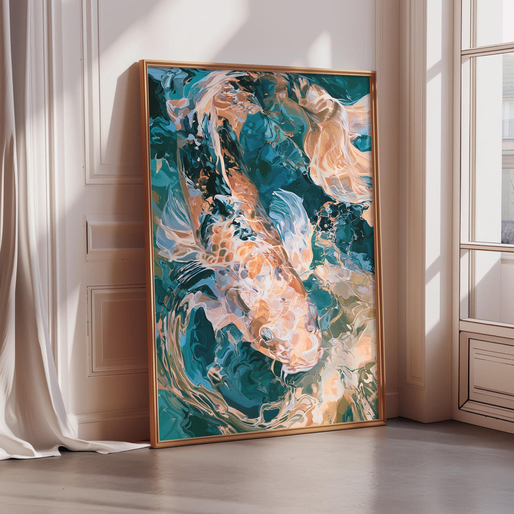 a large, colorful painting of a fish, possibly a koi, displayed on a wall in a room with a window.