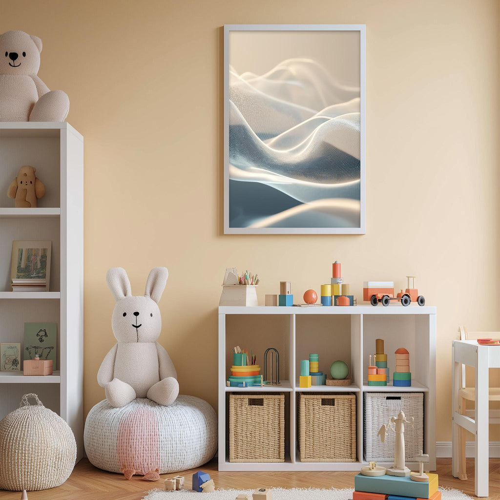 A cozy and colorful children's bedroom with a large stuffed rabbit, a bookshelf, and a toy chest filled with toys. The walls are painted a light peach color, and there is a framed abstract art piece hanging on the wall.