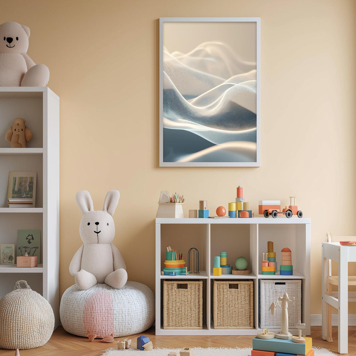 A cozy and colorful children's bedroom with a large stuffed rabbit, a bookshelf, and a toy chest filled with toys. The walls are painted a light peach color, and there is a framed abstract art piece hanging on the wall.