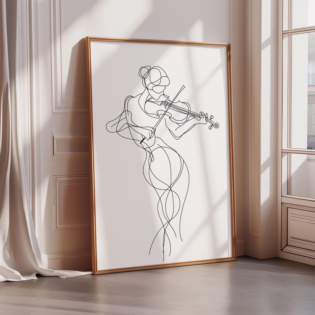 A framed illustration of a woman playing a violin is displayed in the corner of a room.