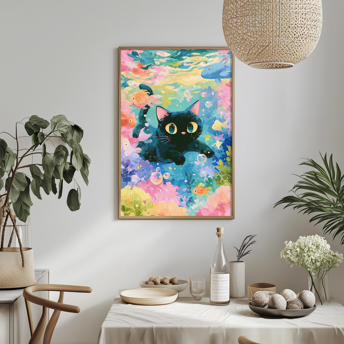 a vibrant, colorful painting of a black cat surrounded by a rainbow of colors, including pink, blue, green, and yellow. The painting is hung on a white wall above a dining table, which is set with various items such as a bowl, a bottle, and a vase. The table is surrounded by chairs, and there are potted plants and other decorative elements in the room, creating a cozy and inviting atmosphere.