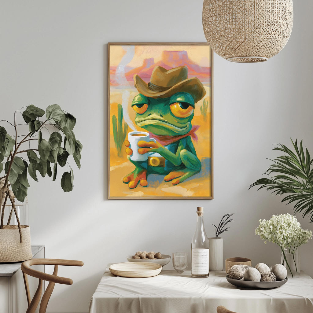 a framed painting of a frog wearing a cowboy hat, holding a cup, and sitting on a cactus plant. The painting is hanging on a wall above a dining table with various items on it, including a bottle, a bowl, and a vase.