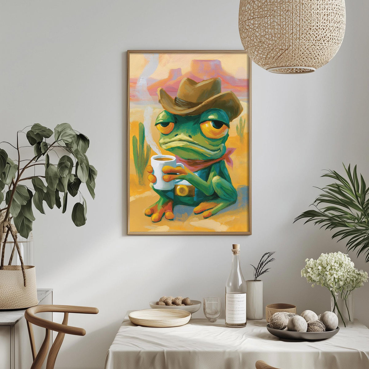 a framed painting of a frog wearing a cowboy hat, holding a cup, and sitting on a cactus plant. The painting is hanging on a wall above a dining table with various items on it, including a bottle, a bowl, and a vase.