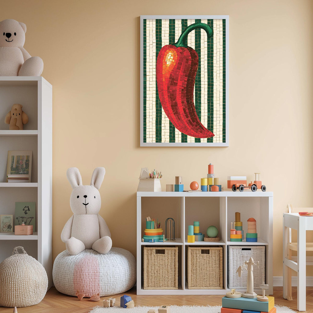 A cozy children's room with a teddy bear, a stuffed rabbit, and a colorful toy shelf filled with various toys. A framed artwork of a red pepper is displayed on the wall above the toy shelf.