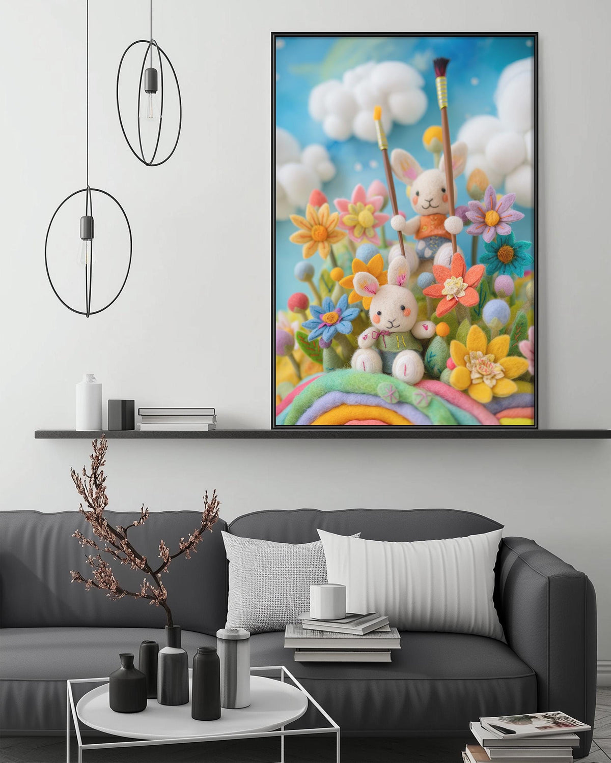 a cozy living room with a gray couch, a coffee table, and a large framed painting of a whimsical scene with two bunnies surrounded by a colorful garden.