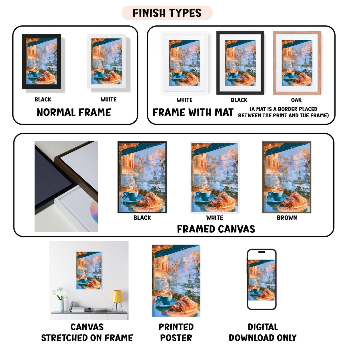 The image is a collection of different finish types for framed artwork, including canvas, printed poster, and digital download.