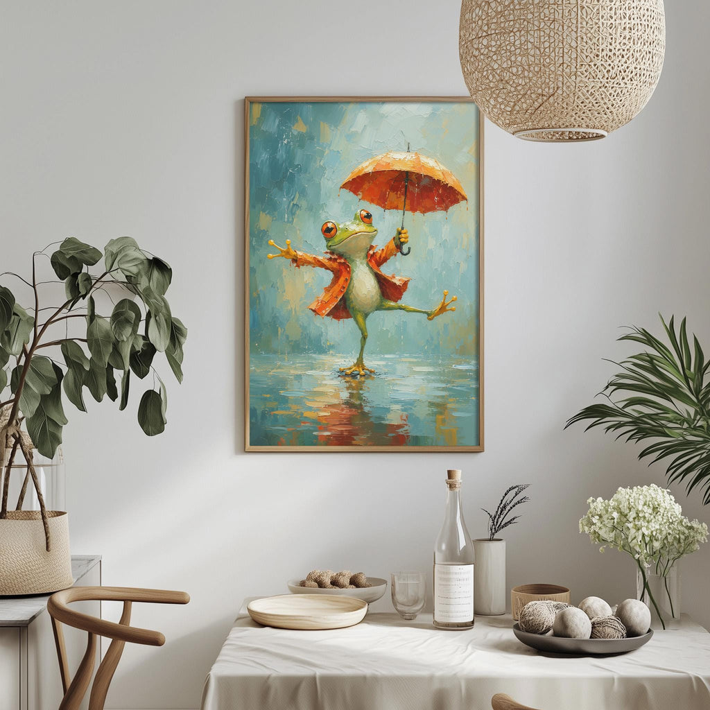 a painting of a frog holding an umbrella, dancing in the rain, and surrounded by potted plants and a dining table with various items on it.