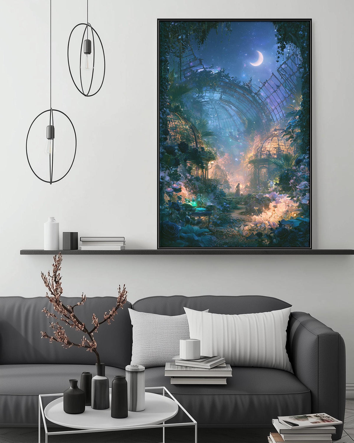 a large, colorful painting of a fantastical landscape hanging on a wall above a gray couch in a living room setting.