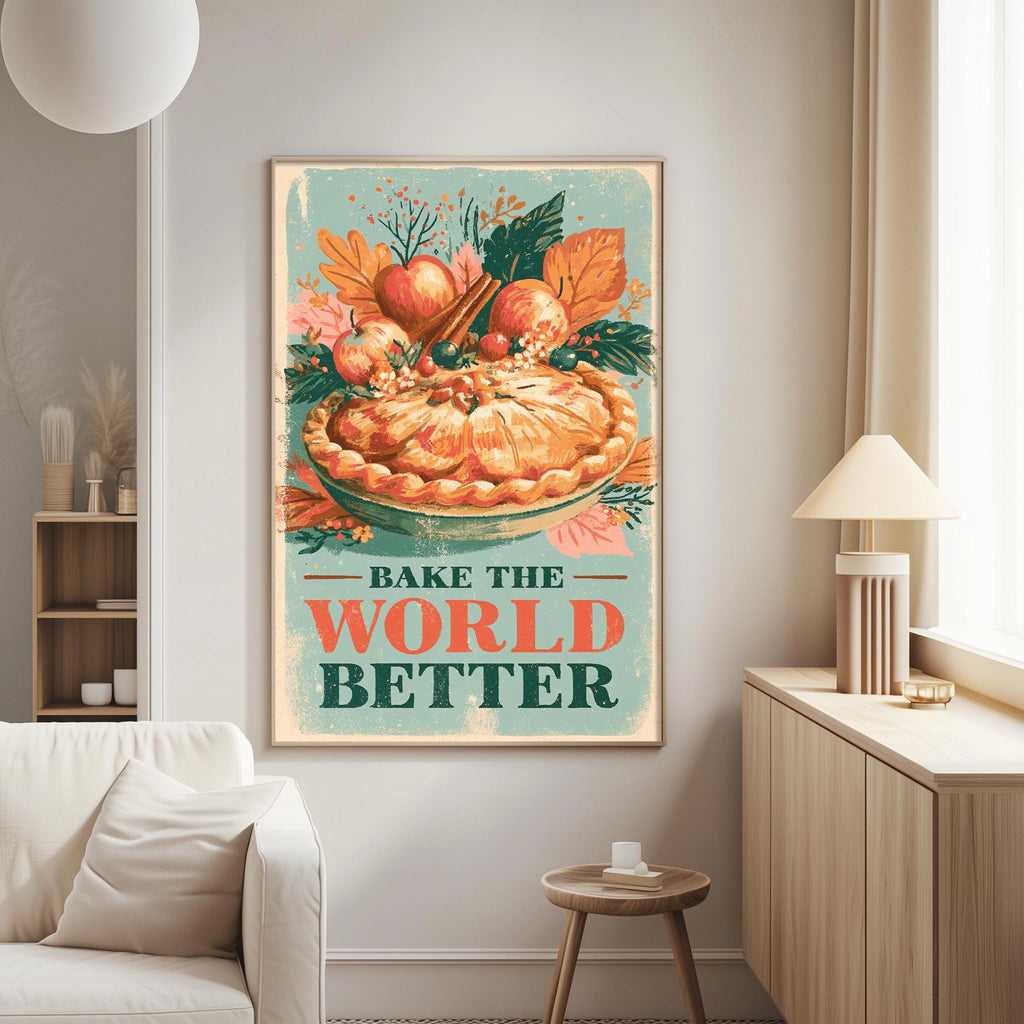 a poster with a vibrant illustration of a pie, accompanied by the text "Bake the World Better" displayed prominently.