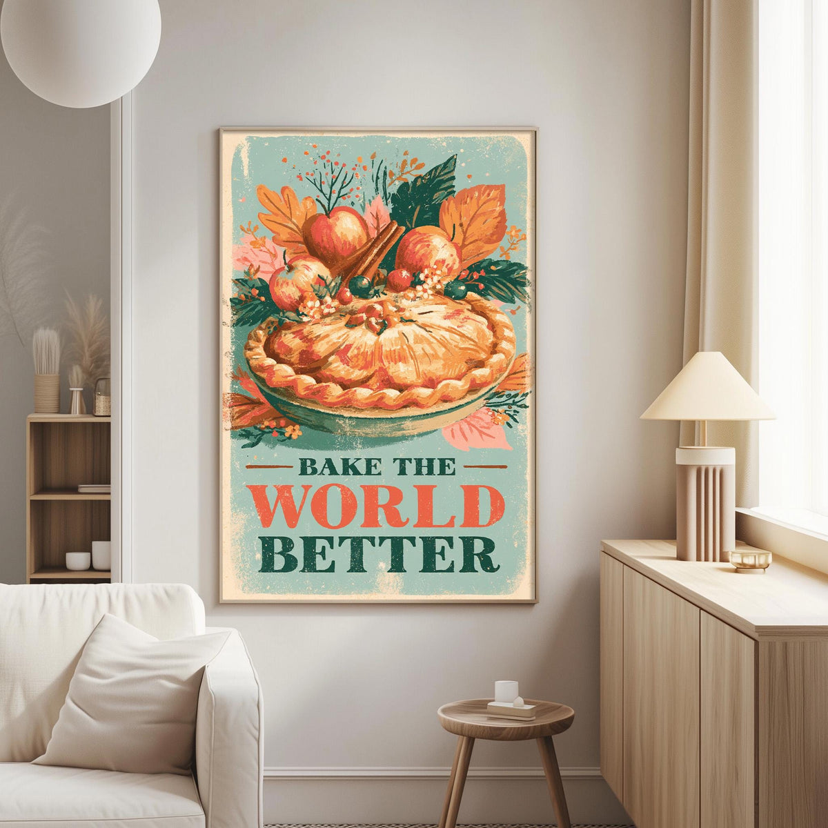 a poster with a vibrant illustration of a pie, accompanied by the text "Bake the World Better" displayed prominently.