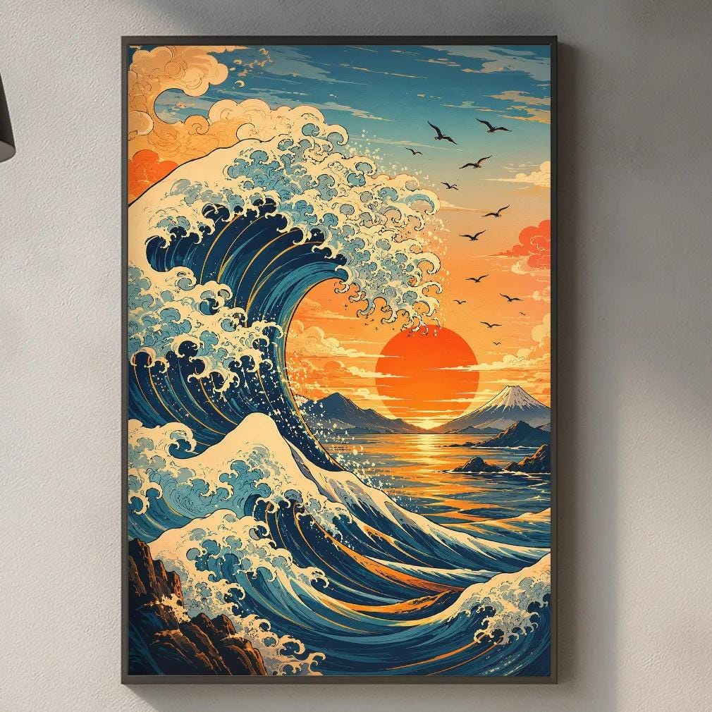 a kitchen counter with a framed artwork depicting a vibrant sunset over the ocean, a wooden cutting board, and various kitchen items such as a bottle, a vase, and a bowl.
