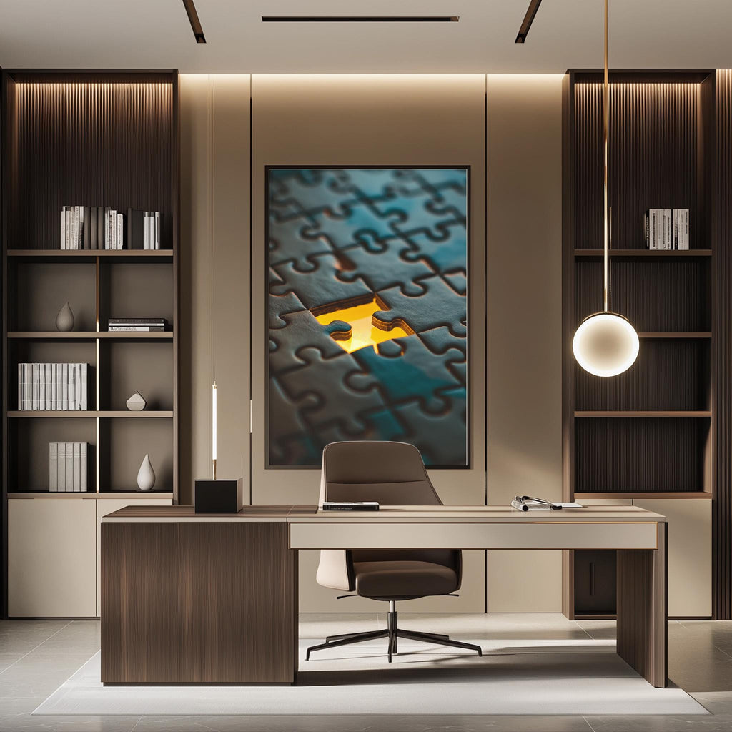 a modern and well-lit office space with a large puzzle piece artwork on the wall, a wooden desk with a chair, and built-in bookshelves.