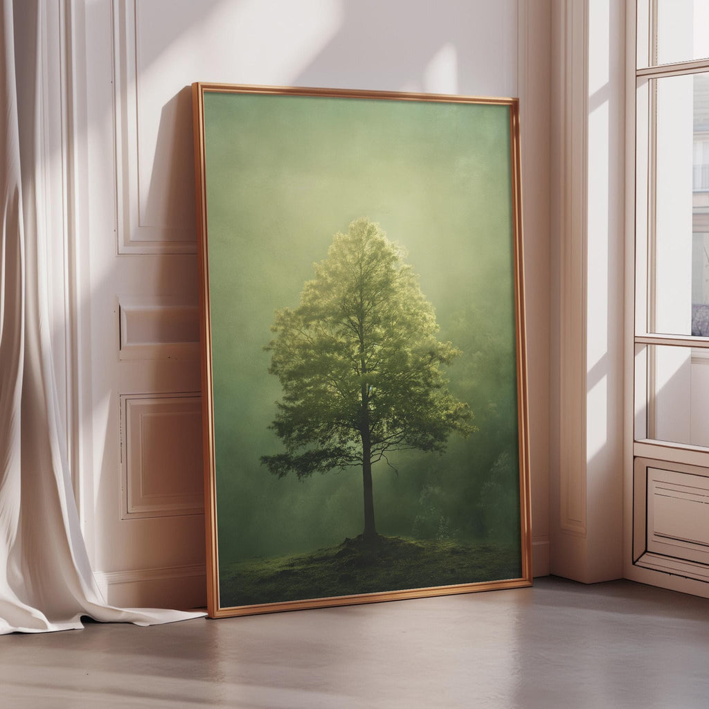 a large, framed painting of a tree with a lush, green canopy, set against a misty, atmospheric background.