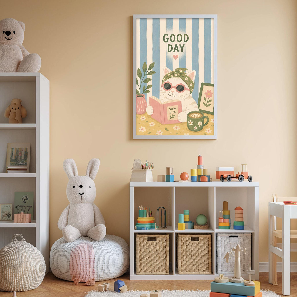 A child's bedroom with a bookshelf, stuffed animals, and a colorful poster on the wall.