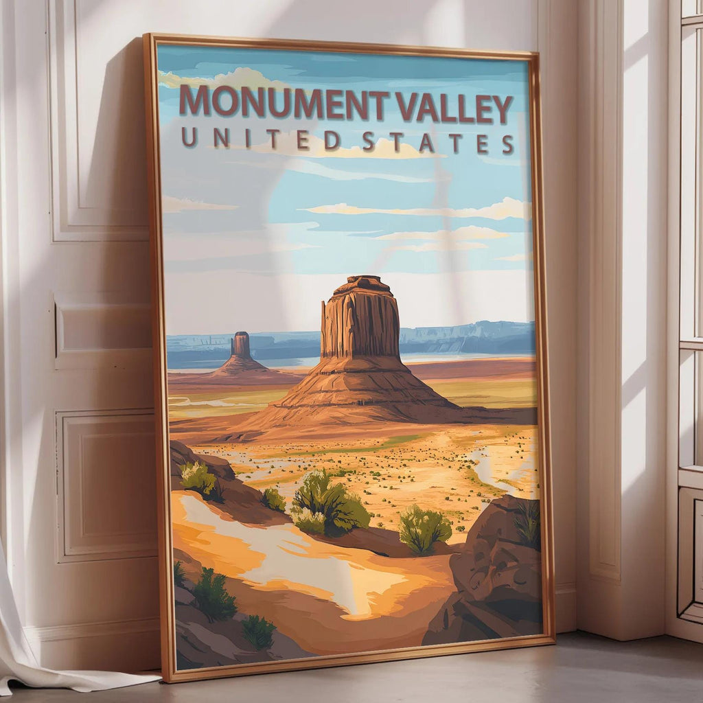 A framed poster depicting the Monument Valley in the United States, with a desert landscape and a prominent rock formation in the center.