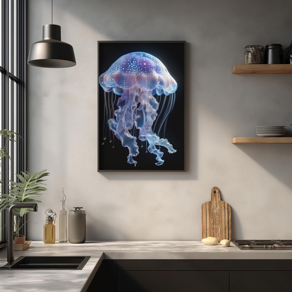 a framed photograph of a jellyfish with a glowing purple and blue body, hanging on a wall above a kitchen counter.