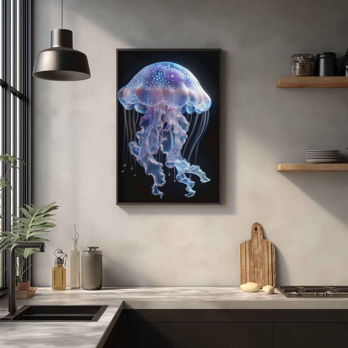 a framed photograph of a jellyfish with a glowing purple and blue body, hanging on a wall above a kitchen counter.