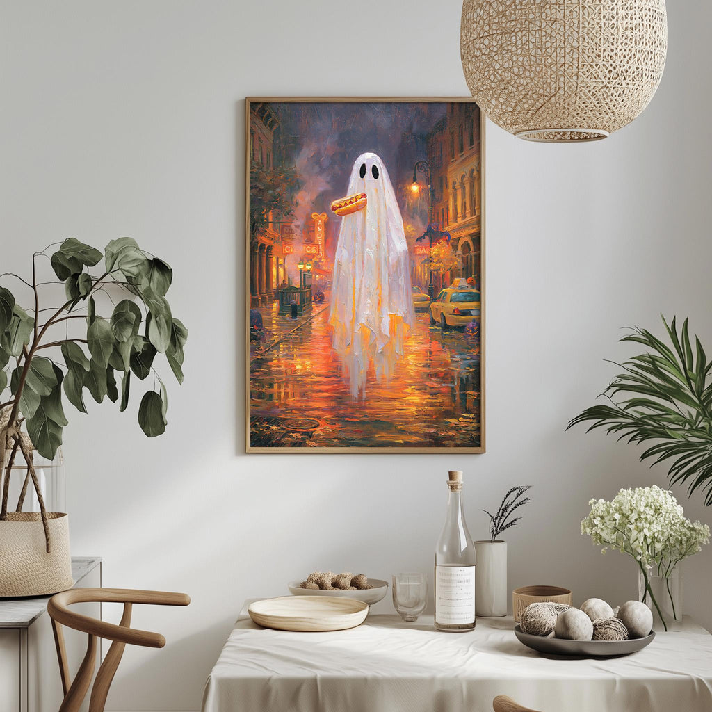 a painting of a ghost floating in a city street at night, with a hot dog in its hand. The painting is hung on a wall above a table with various items on it, including a bottle, a bowl, and a vase.
