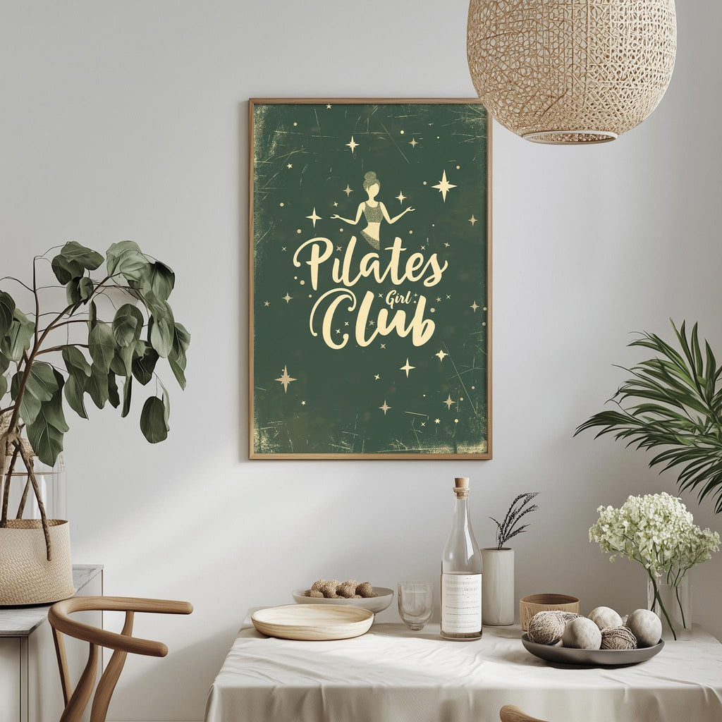 a dining table with a white tablecloth, a bowl of fruit, a bottle, and a vase with flowers. Above the table, there is a framed poster with the text "Pilates Club" and a starry background.