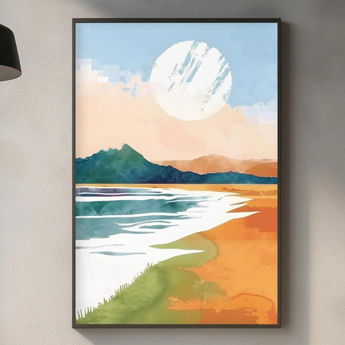 a kitchen counter with a framed landscape painting hanging above it, depicting a serene beach scene with a large white circle in the sky.