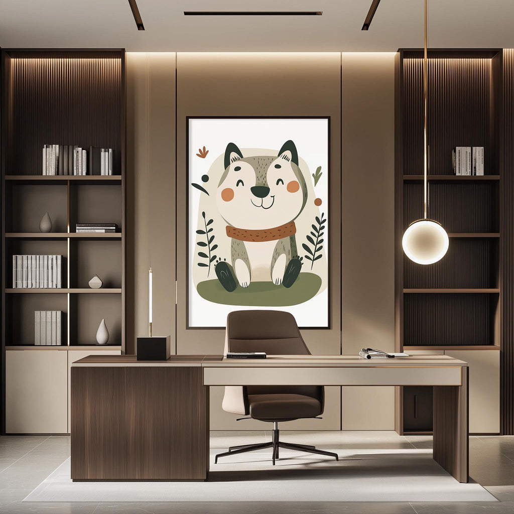 a modern and stylish home office with a large framed illustration of a cat on the wall. The office features a wooden desk, a comfortable chair, and a bookshelf filled with books. The overall design and decor create a warm and inviting atmosphere.
