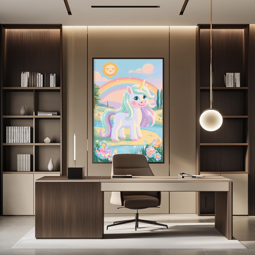 a large, colorful painting of a unicorn on the wall of a modern office space.