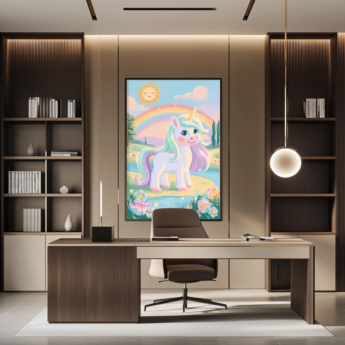 a large, colorful painting of a unicorn on the wall of a modern office space.
