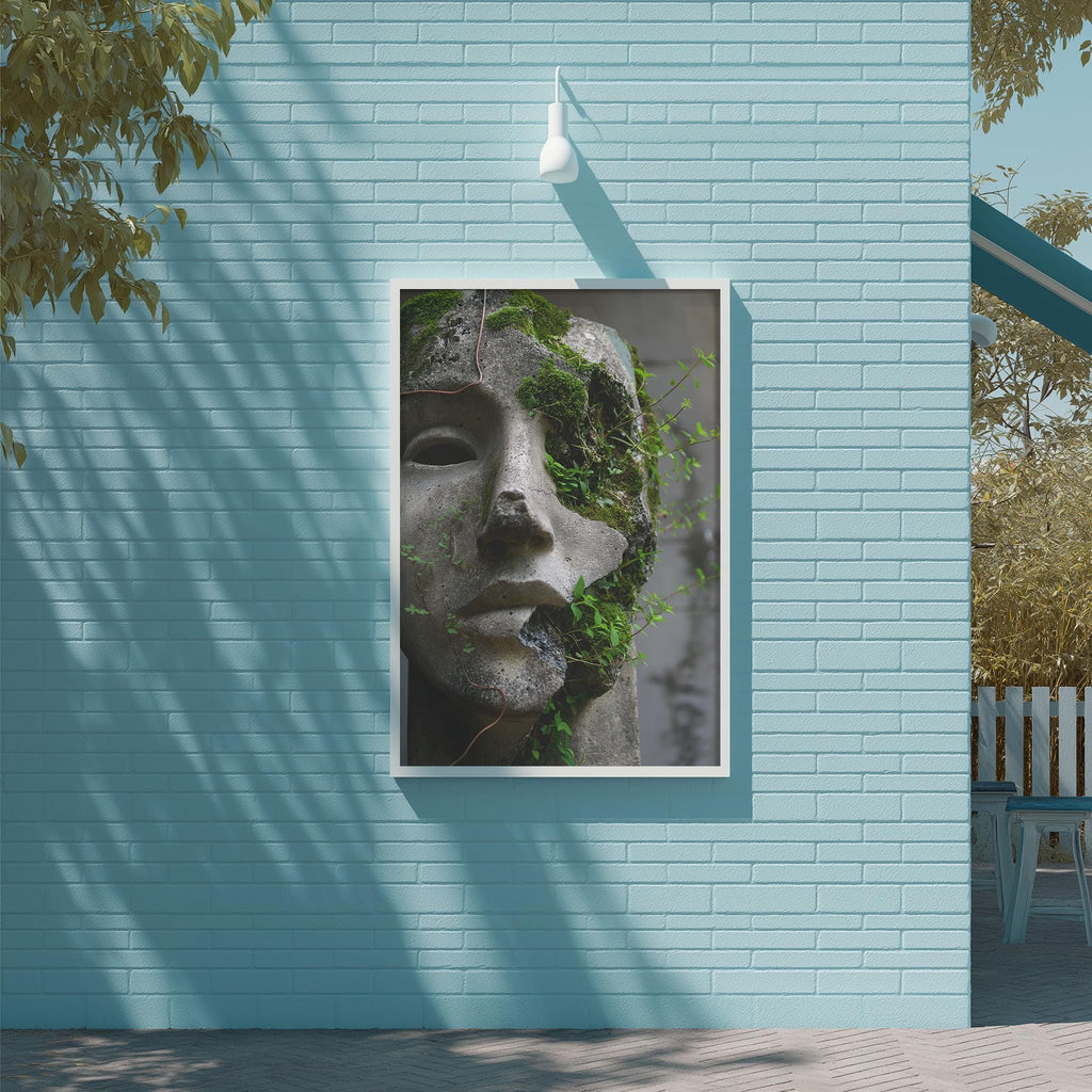 a stone statue with moss growing on it, mounted on a blue wall.