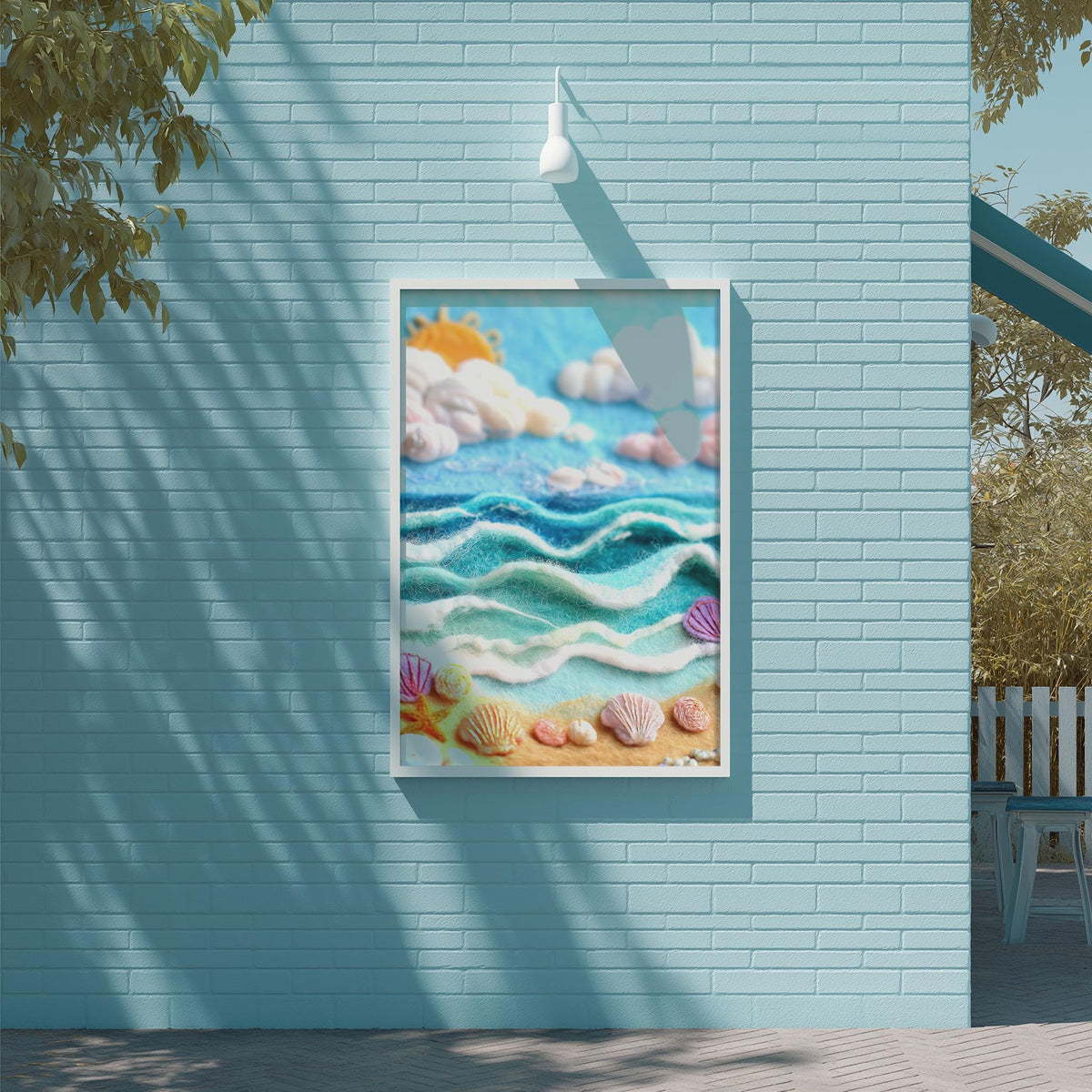 a vibrant painting of a beach scene, with a blue sky, ocean waves, and a sandy beach with seashells.