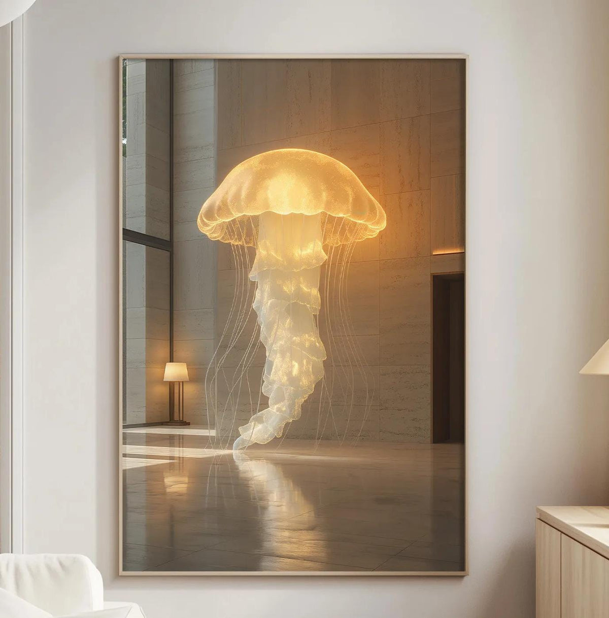 a large framed picture of a jellyfish with a glowing, ethereal appearance, hanging on a wall in a modern living room setting.