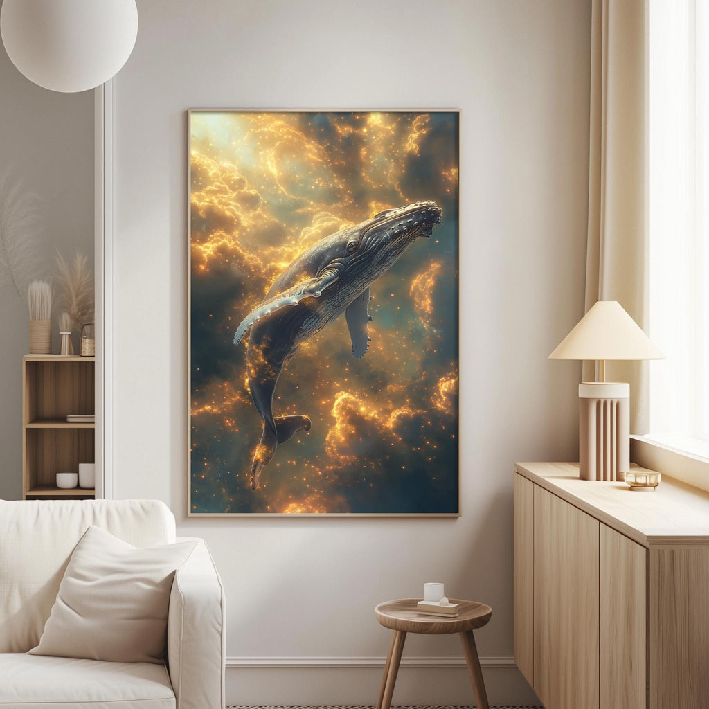 a large, vibrant painting of a whale swimming in a colorful, ethereal underwater scene, hanging on a wall in a living room.