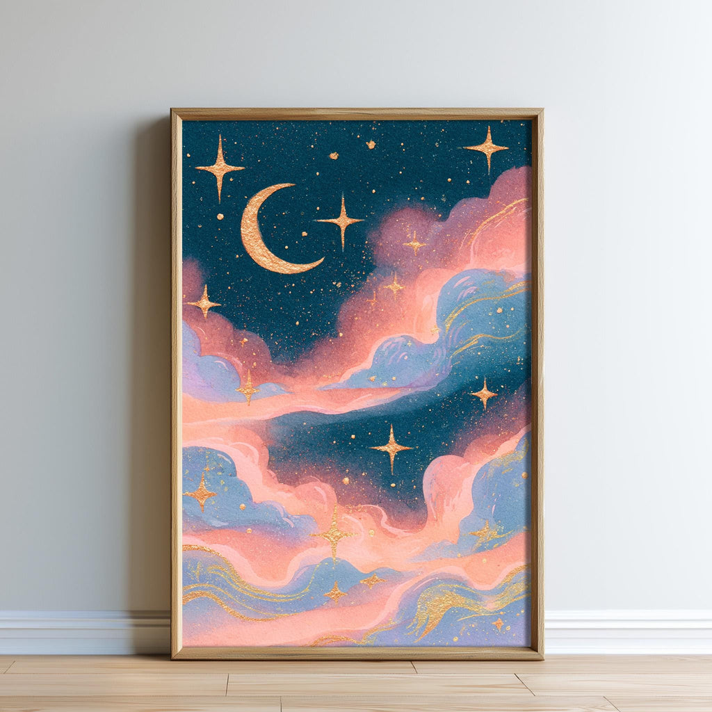 The image is a framed painting depicting a night sky with a crescent moon, stars, and clouds in various colors including blue, pink, and orange.
