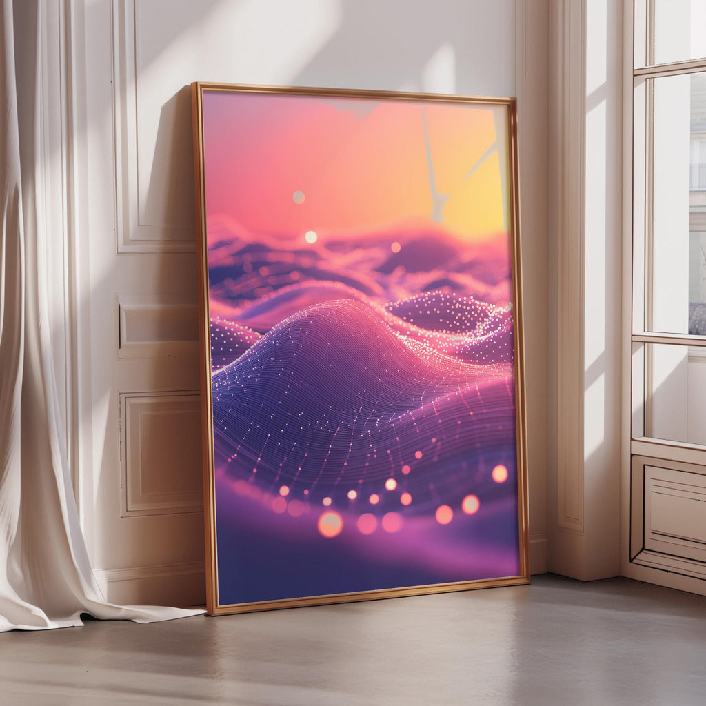 a large, vibrant, abstract painting of a landscape with a sunset-like sky and a wave-like pattern. The painting is framed and displayed in a corner of a room, with a window and a curtain visible in the background.