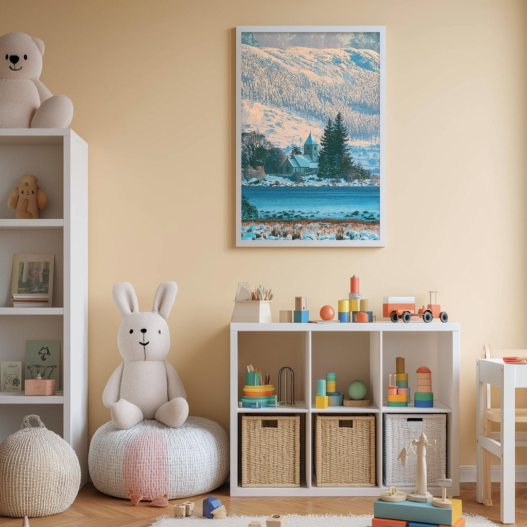 A cozy children's room with a large stuffed bunny, a bookshelf, and a toy chest filled with toys. The room has a warm, inviting atmosphere with a framed picture of a snowy mountain landscape hanging on the wall.