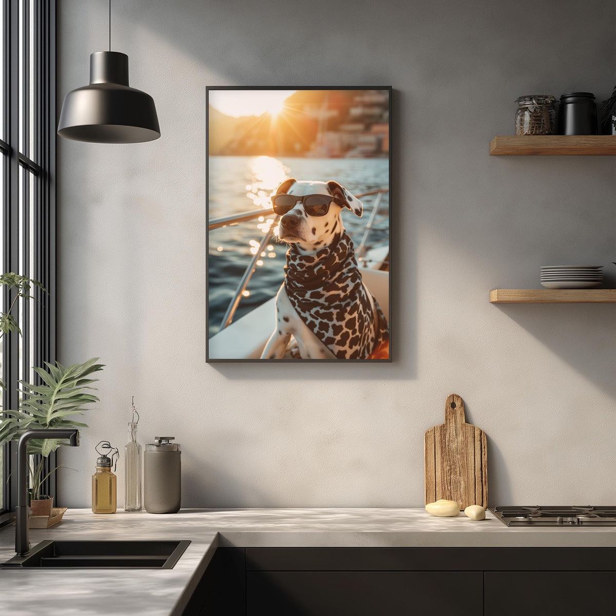 A framed photograph of a Dalmatian dog wearing sunglasses, sitting on a boat and looking out at the water, is hanging on a wall in a modern kitchen.