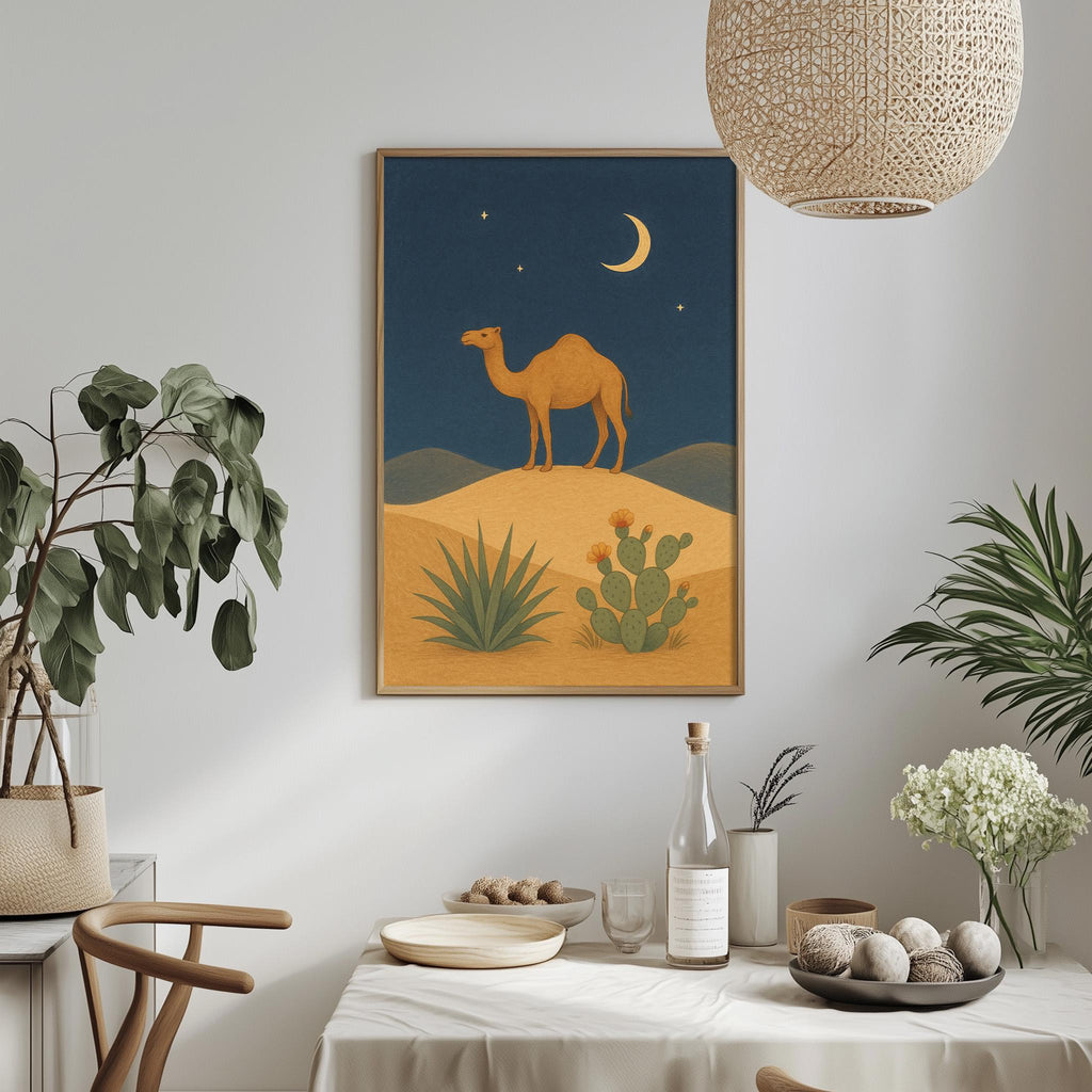 a desert scene with a camel, cactus, and other desert plants, as well as a night sky with a crescent moon and stars. The scene is framed and hung on a wall above a table with various items on it, including a bottle, bowl, and vase.