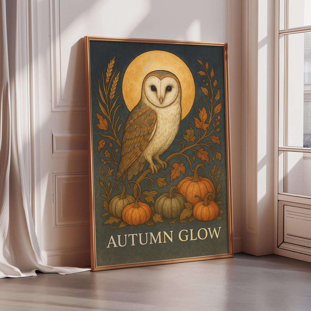 a framed poster with an illustration of an owl surrounded by autumn elements, including pumpkins and leaves, with the text "Autumn Glow" below the image.