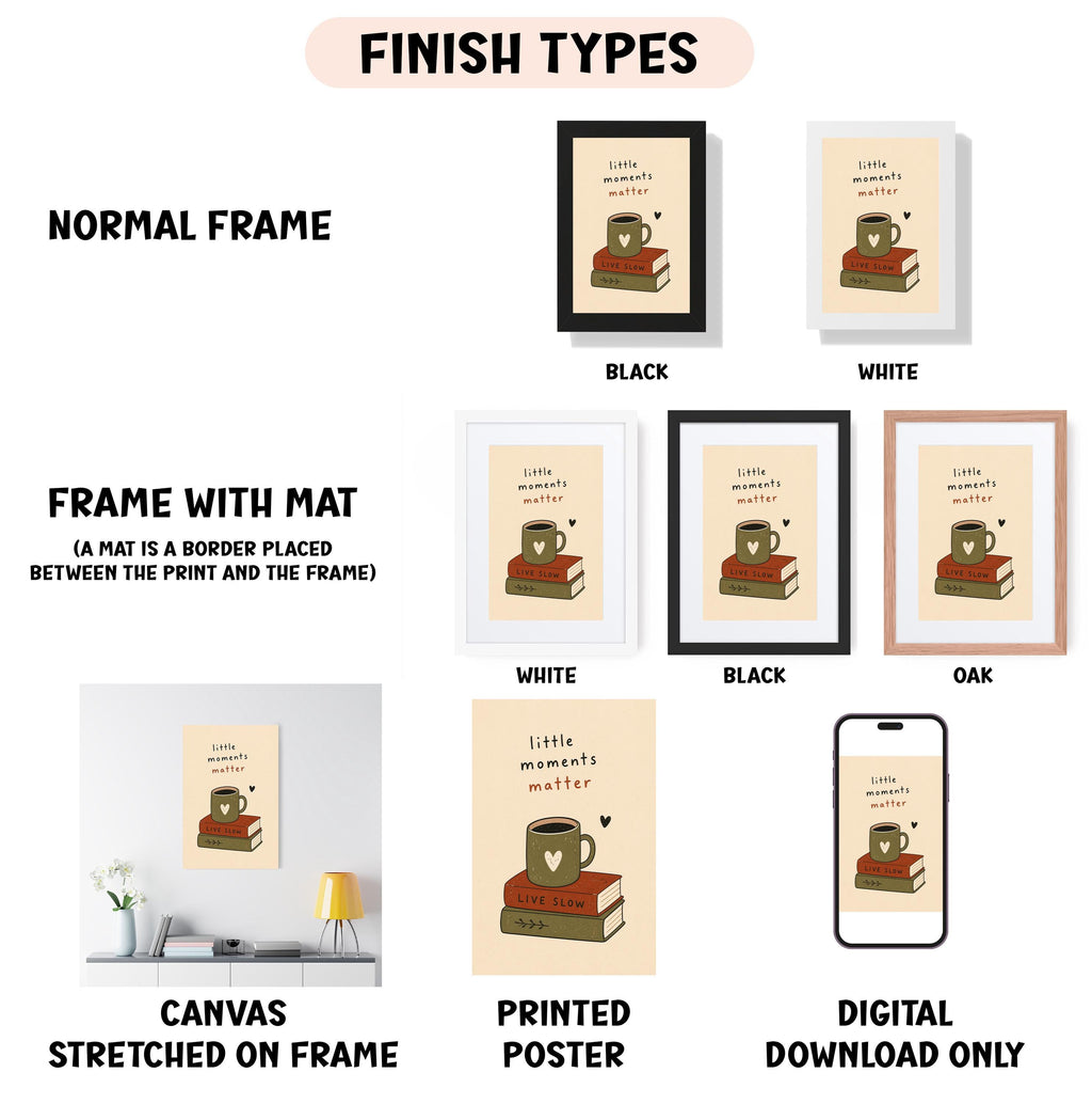 various framed artworks, including a poster, a canvas, and a printed poster, each with different frame colors and styles.