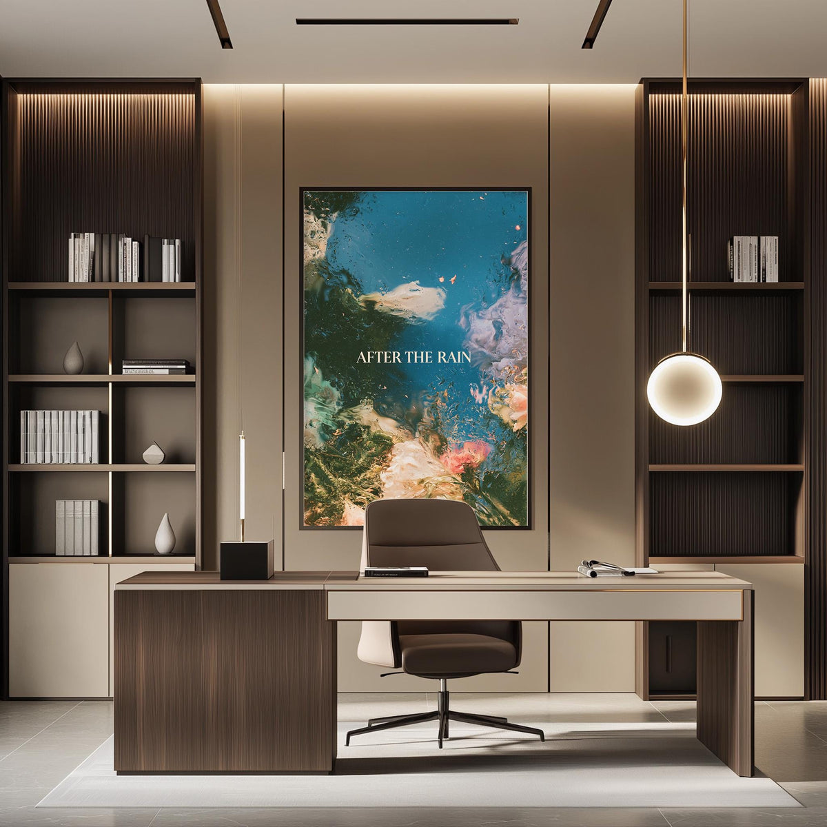 a modern and stylish office space with a large abstract painting on the wall, a wooden desk with a chair, and built-in bookshelves.