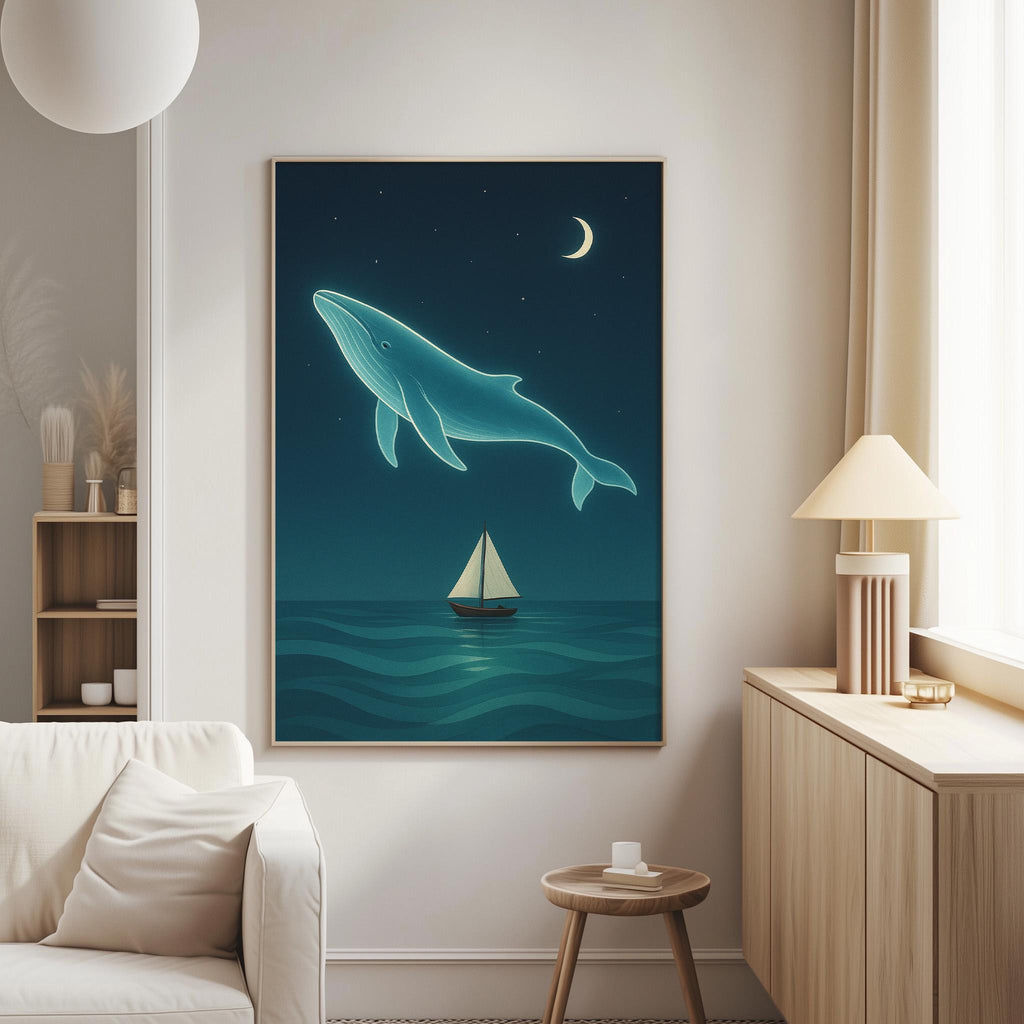a large painting of a whale swimming in the ocean, with a sailboat in the background, all set against a night sky with a crescent moon.