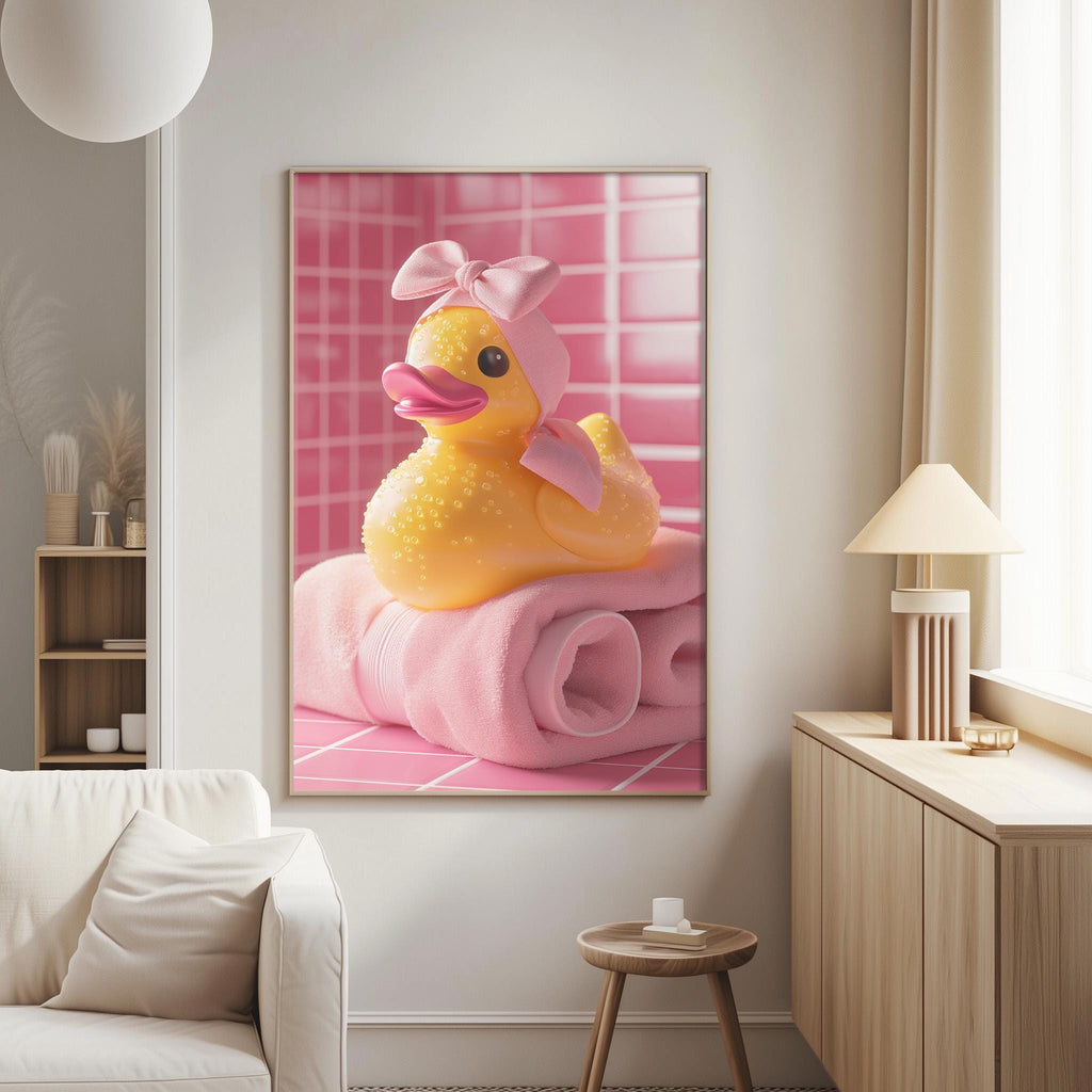 A yellow rubber duck wearing a pink bow sits on a pink towel in a cozy living room setting.